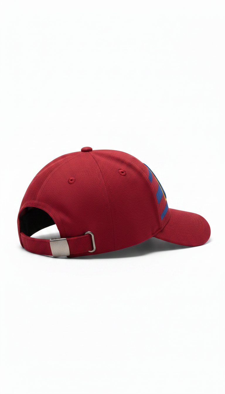 Alternate angle view of red and blue cap with curved visor