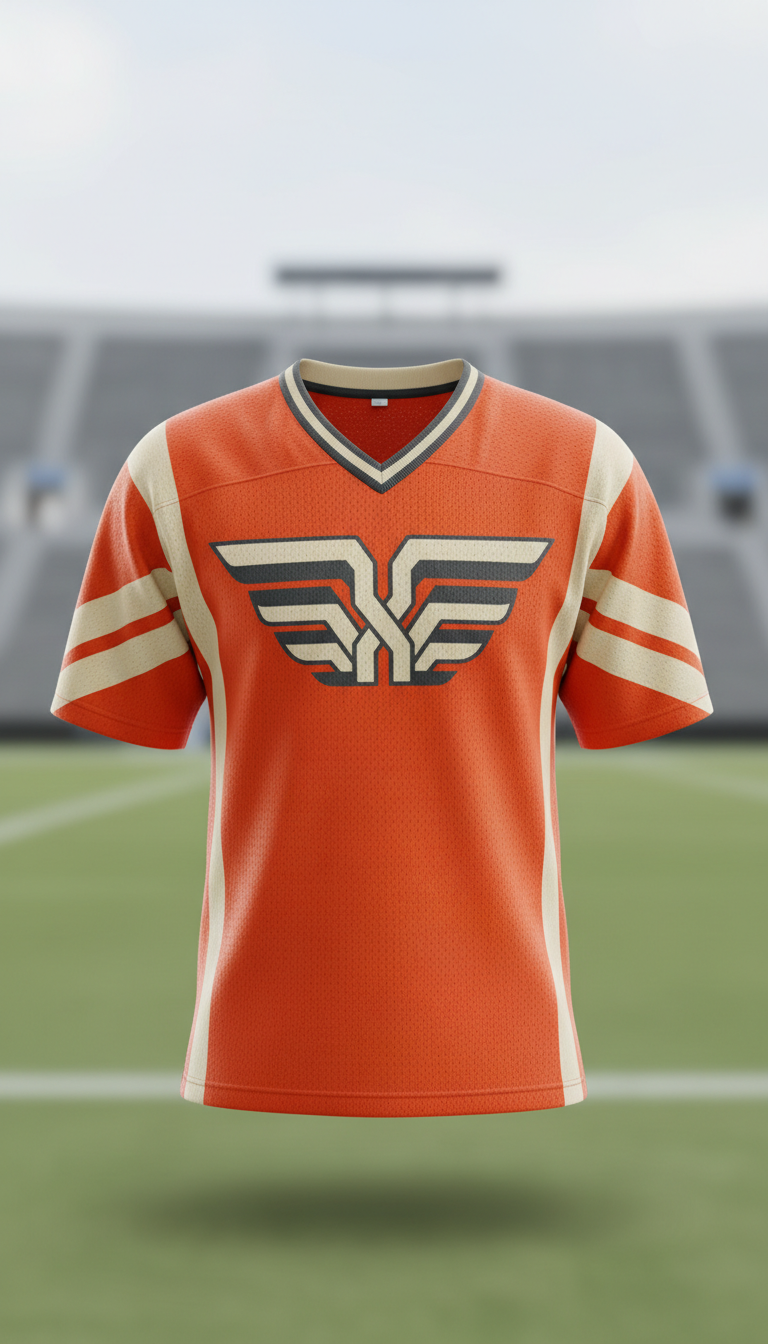 A perfectly centered shot of a classic home sports jersey on a neutral, slightly blurred stadium setting background. The...