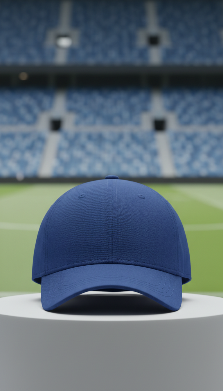 A perfectly centered, straight-on portrait of a football fan cap in 'Champion Blue' displayed against a neutral, lightly...