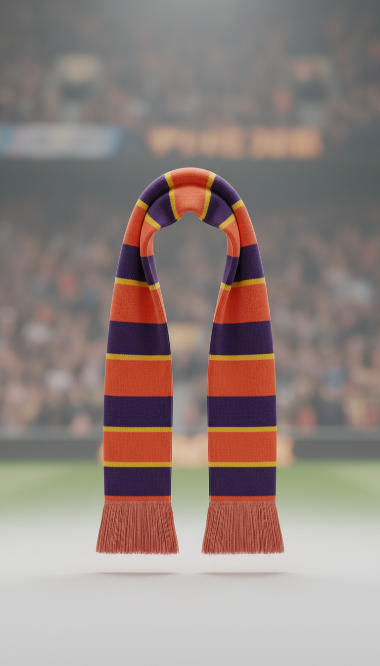 Fan scarf, Focus on 3/4 angles for jerseys and apparel, allowing visibility of both front and side details. Backgrounds...