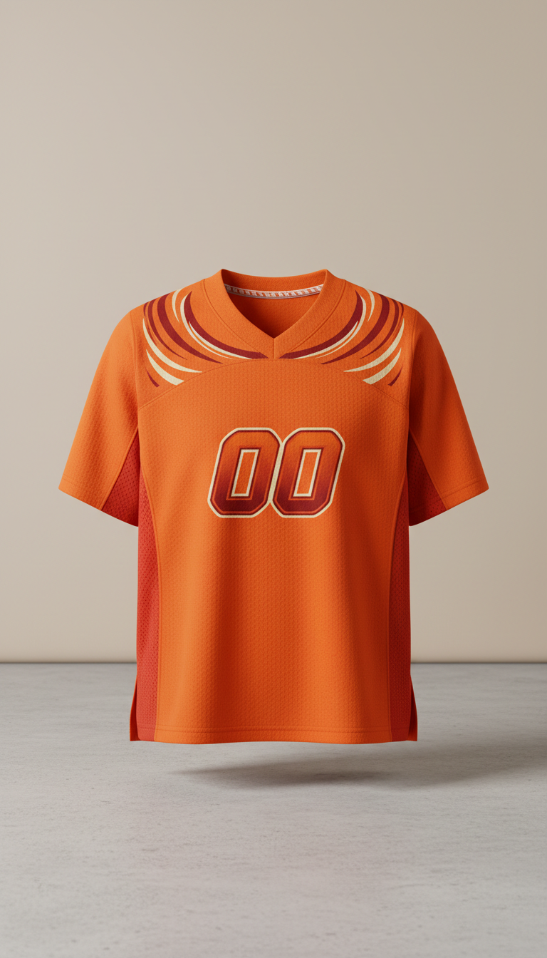 Showcase a vibrant orange team jersey perfectly centered in the frame, captured with a 50mm lens straight-on. The...