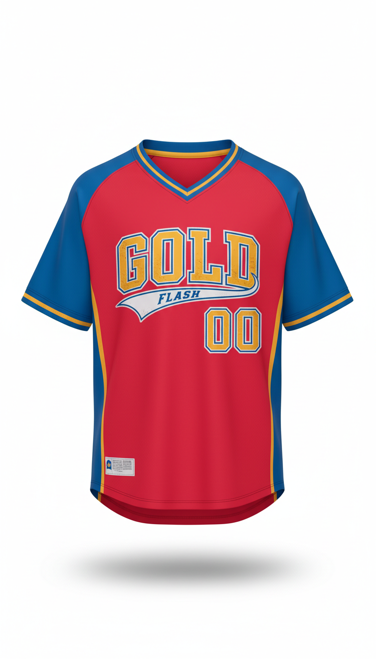 Flash Gold youth baseball jersey, perfectly centered horizontally and vertically with equal negative space above and...